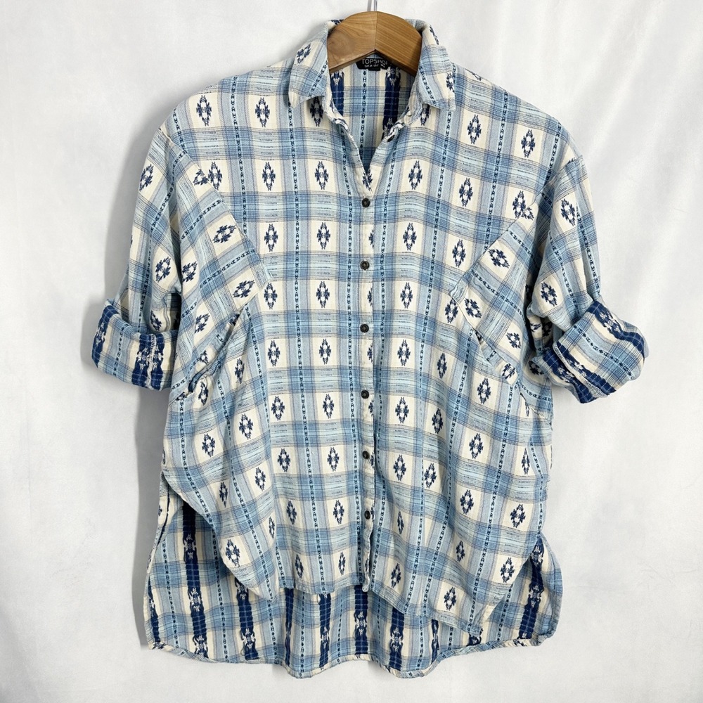 Topshop Western Plaid‎ High-Low Cotton Blue White Button Up Shirt Women's Size 2